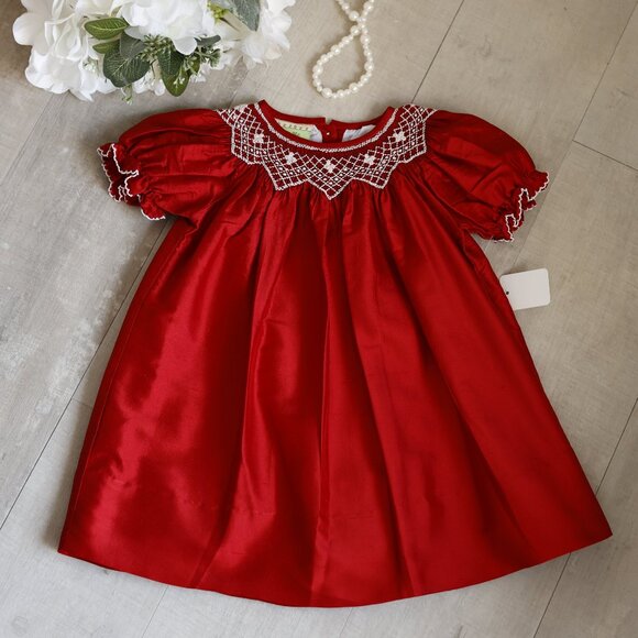 Red 100% Dupioni Silk Smocked Bishop Dress Special Occasion Boutique NWT
